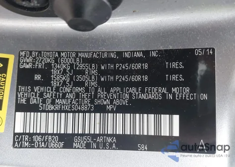 2014 Toyota Highlander Le V6 z USA, uszkodzony, nr VIN 5TDBKRFHXES048873